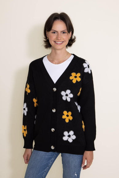Womens Simply Southern Groovy Flowers Cardigan for Women in Black