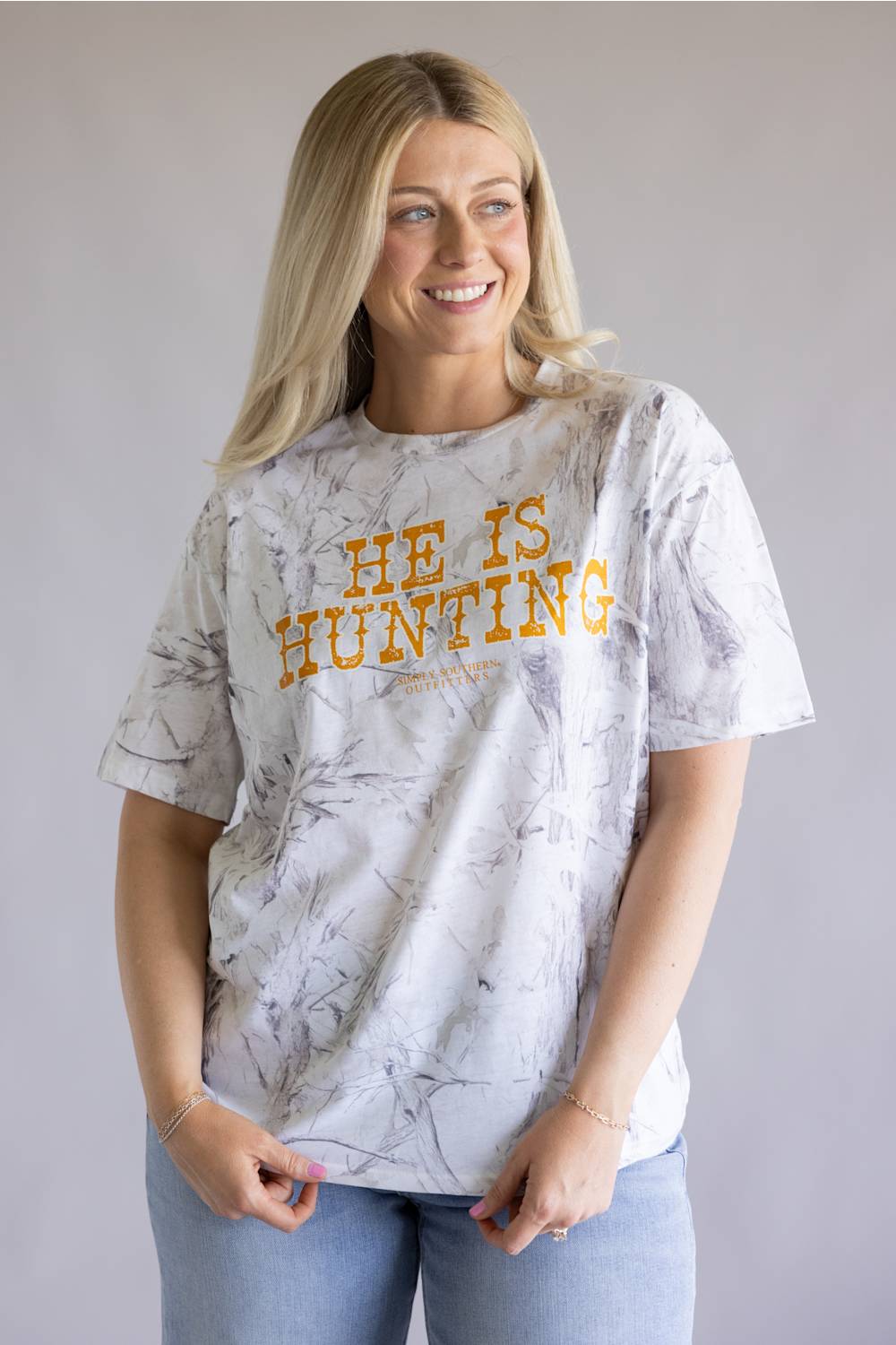Simply Southern He Is Hunting T-Shirt for Women in White Camo
