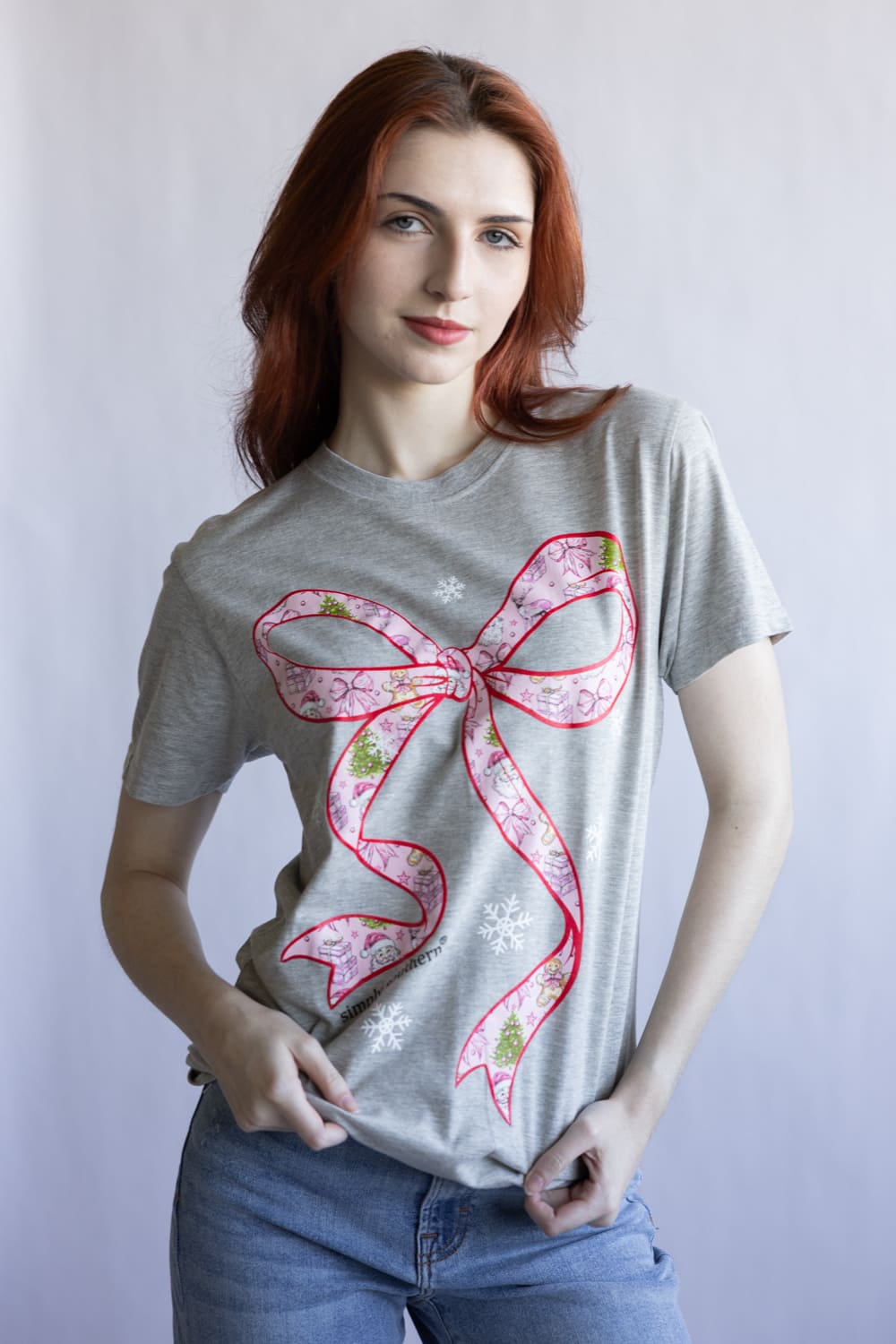 Simply Southern Holiday Bow T-Shirt for Women in Gray