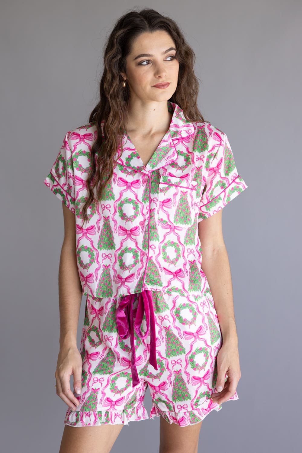 Simply Southern Holiday Satin Pajama Set for Women in Pink