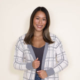 Simply Southern for Women Open Front Plaid Cardigan for Women in White/Grey