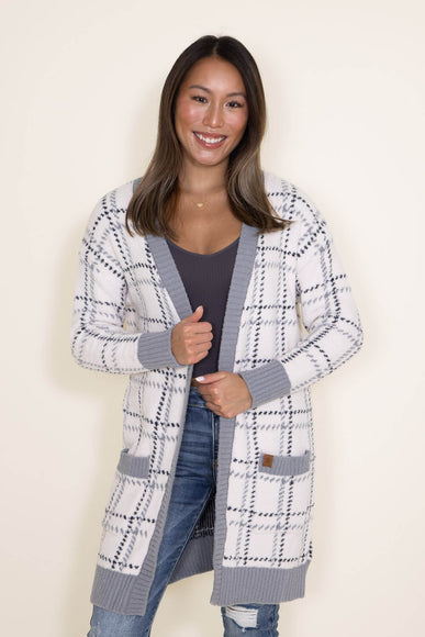 Simply Southern for Women Open Front Plaid Cardigan for Women in White/Grey