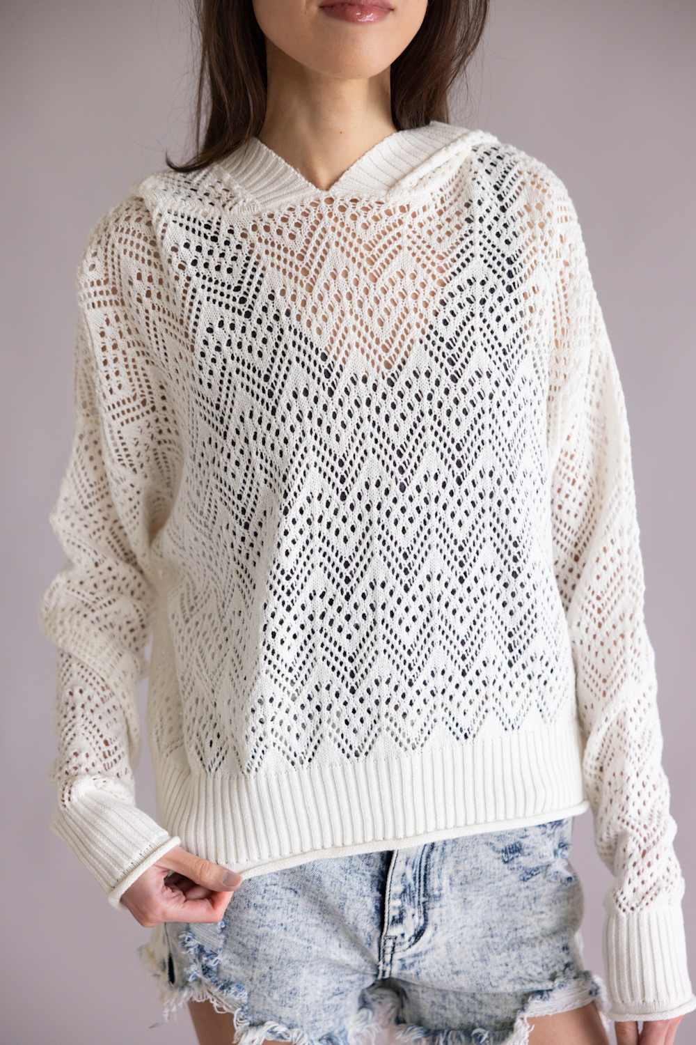 Simply Southern Open Knit Hoodie for Women in Pearl