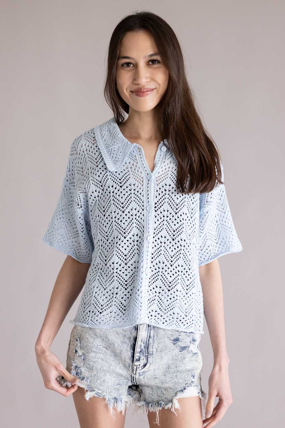 Simply Southern Open Knit Top for Women in Mist Blue