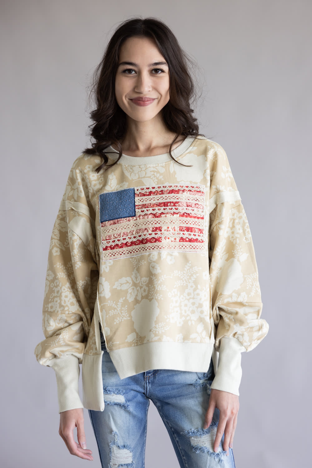Simply Southern Washed Flag Pullover for Women in Tan