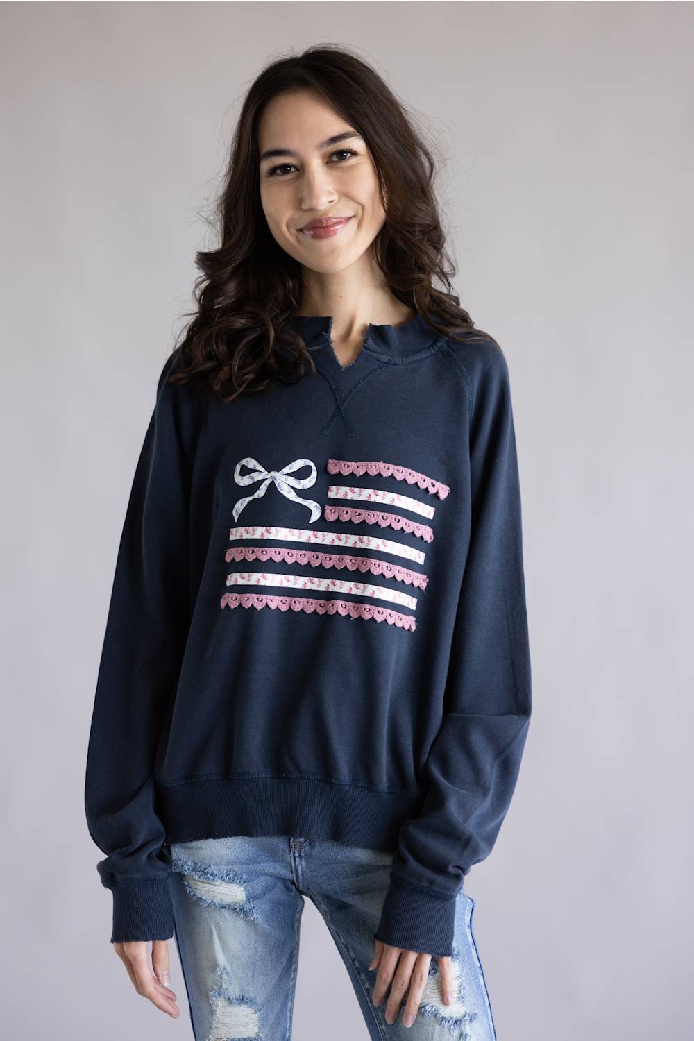 Simply Southern Ribbon Flag Summer Crewneck for Women in Navy