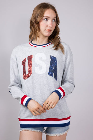 Womens Simply Southern Sequined USA Varsity Crew Sweatshirt for Women in Grey