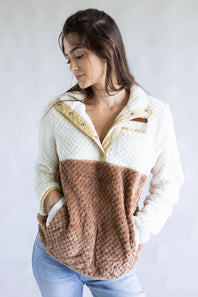 Simply Southern Womens Simply Soft Color Block Pullover for Women in Umber Brown