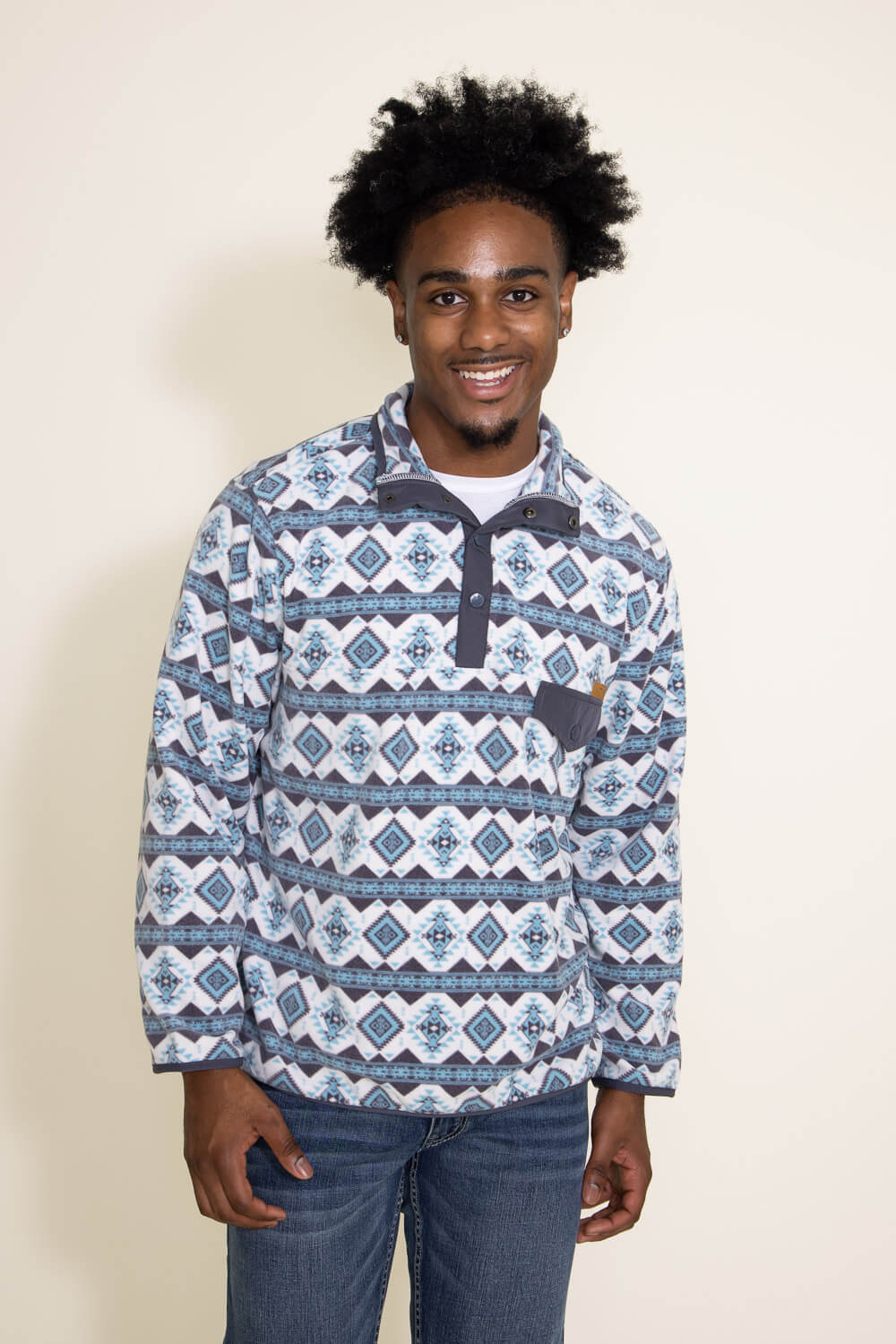 Simply Southern Snap Fleece Tribal Print Pullover for Men in Blue