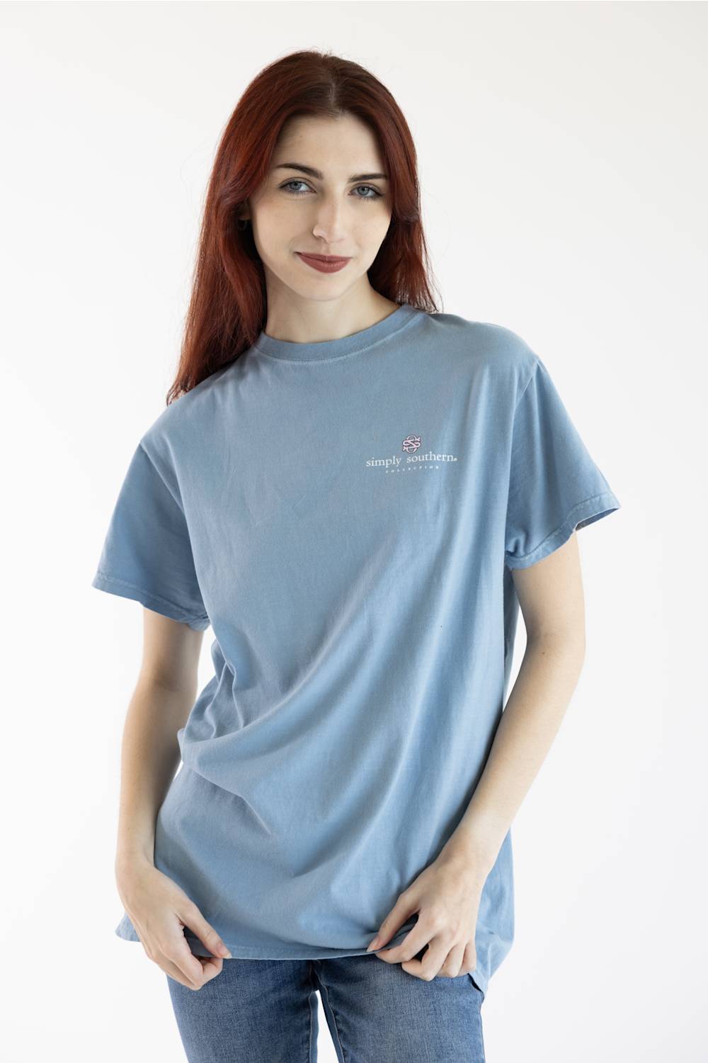 Simply Southern Walking by Faith Goose Mineral Wash T-Shirt for Women in Faded Denim Blue | MINWASH-TRIPPING-FDBLU