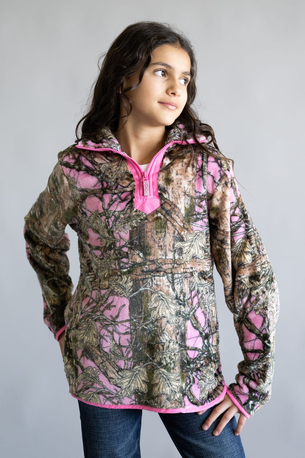 Simply Southern Youth ¼ Zip Fleece Pullover for Girls in Pink Camo