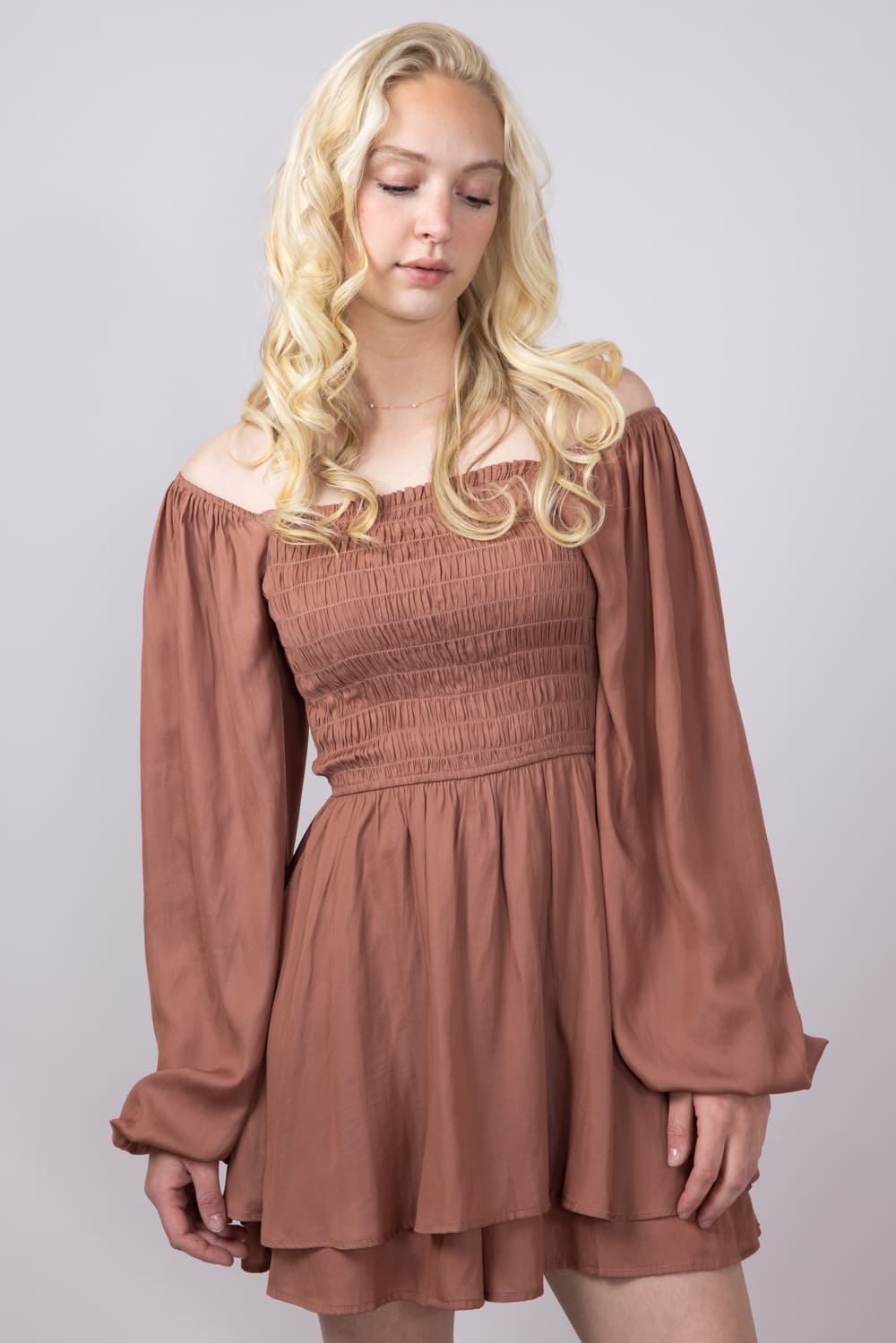 Smocked Bodice Layered Romper for Women in Hazelnut