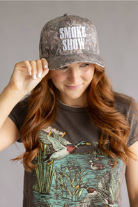 Smoke Show Trucker Hat for Women in Dark Camo