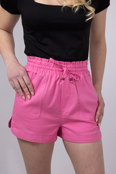 Elastic Waist Linen Shorts for Women in Hot Pink