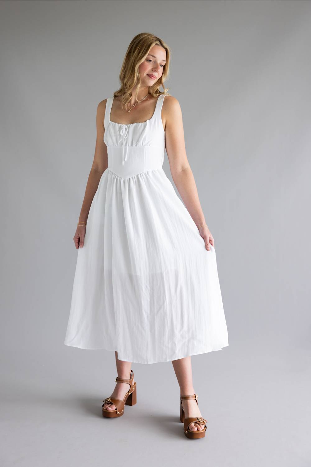 Solid Midi Dress for Women in White