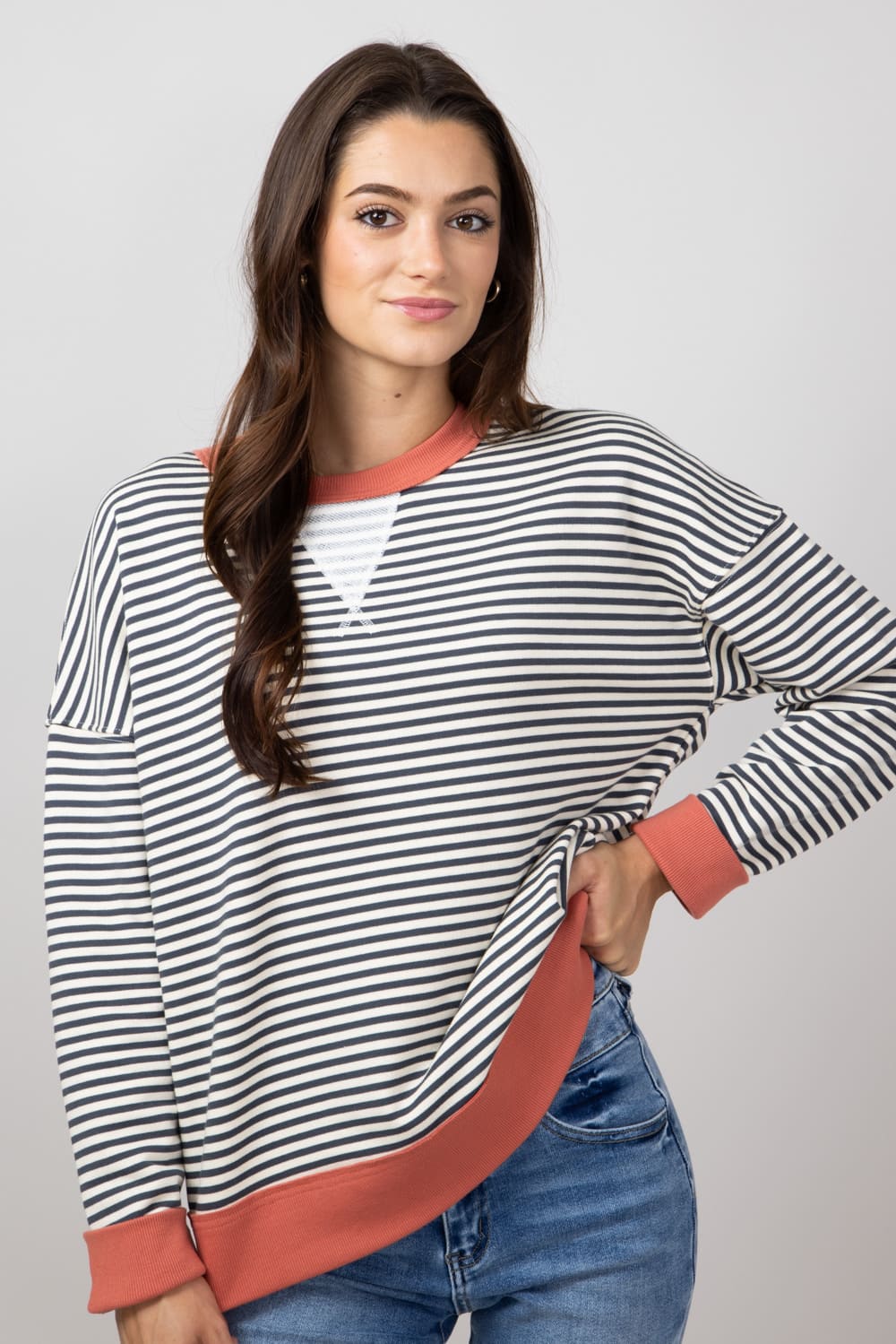Striped Crewneck Pullover for Women in Charcoal