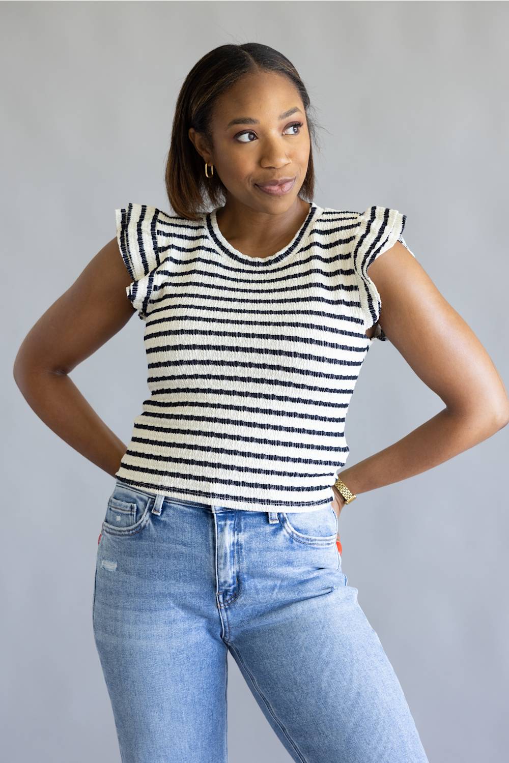 Stripe Flutter Sleeve Top for Women in Cream/Navy