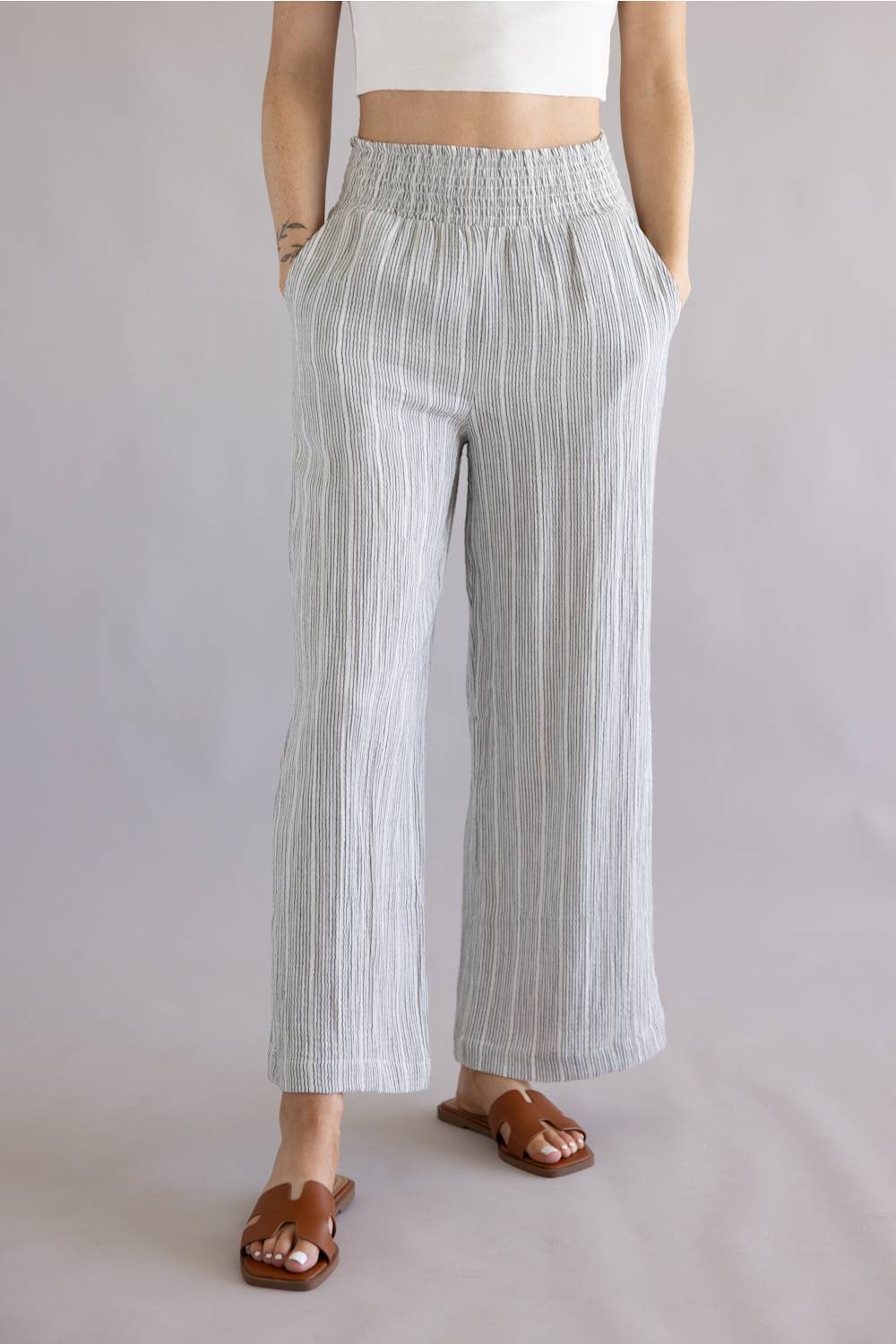 Stripe Smocked Waist Linen Pants for Women in Charcoal