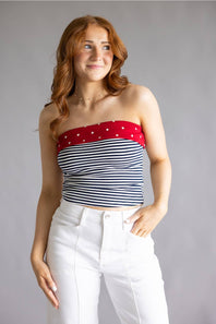 Striped Polka Dot Strapless Top for Women in Navy/Off White