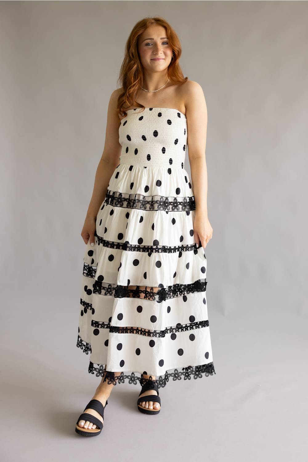 Strut & Bolt Polka Dot Eyelet Lace Strapless Midi Dress for Women in White