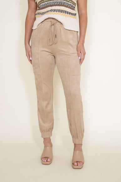 Suede Drawstring Joggers for Women in Brown