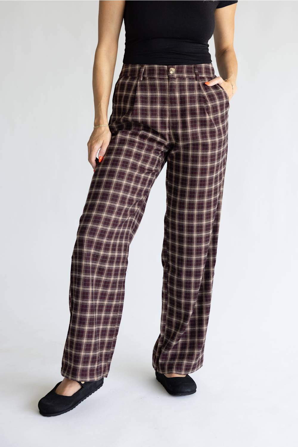 Sunday Edition Plaid High Rise Wide Leg Pants for Women in Wine