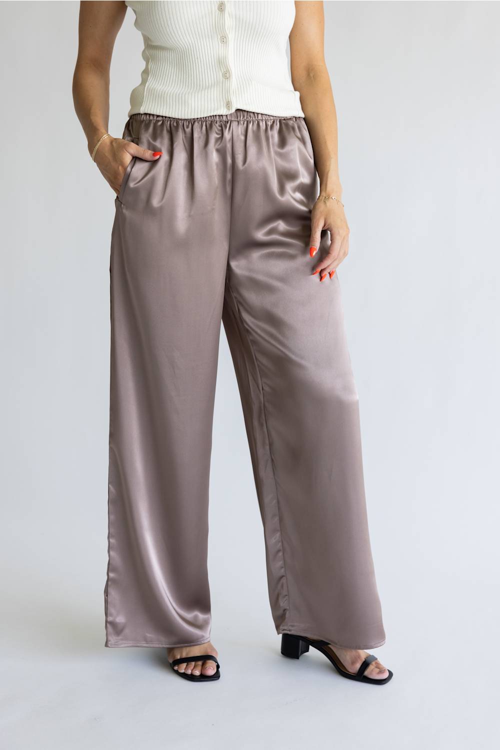 Sunday Edition Satin Wide Leg Pants for Women in Stone