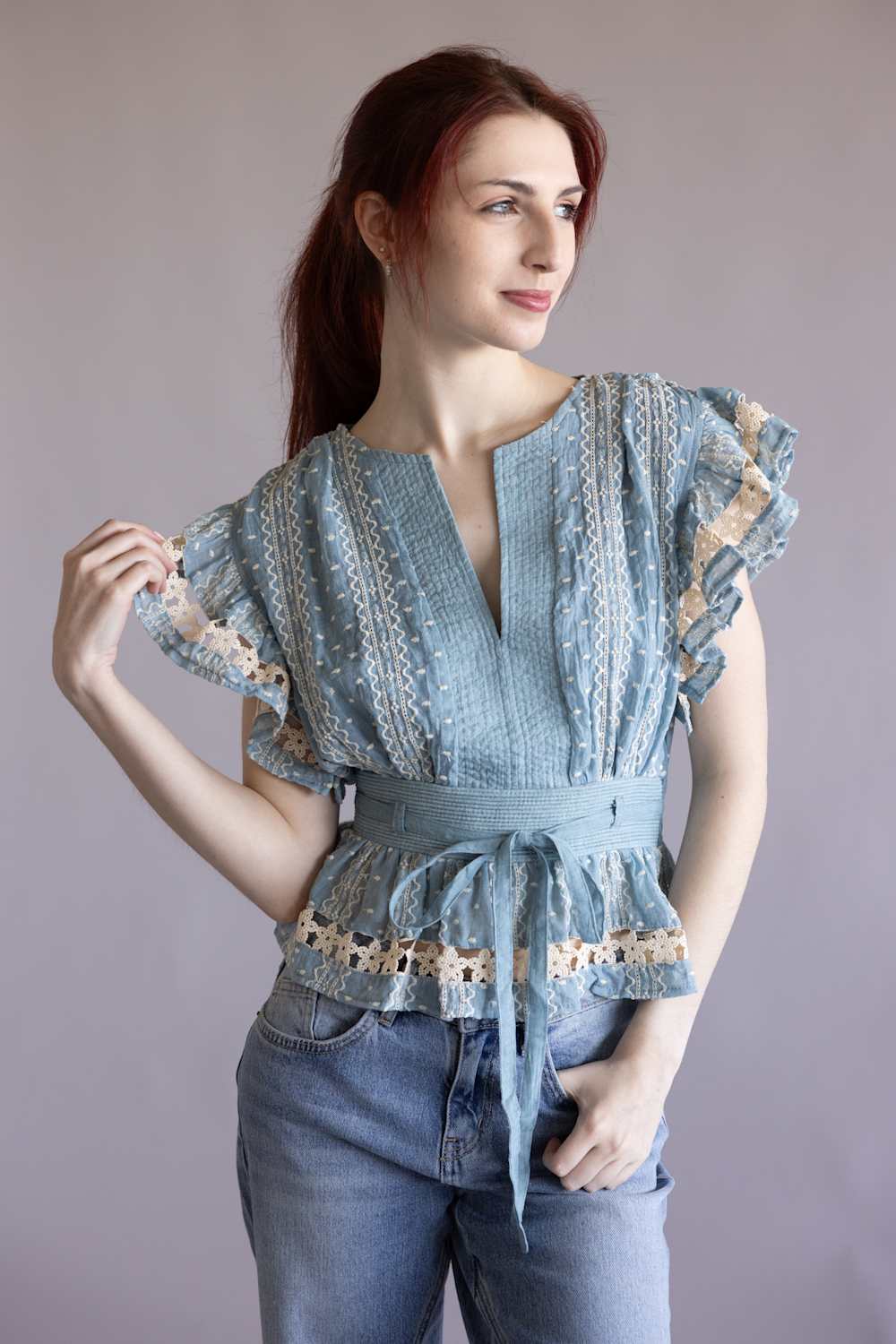Embroidered Flutter Sleeve Peplum Top for Women in Chambray