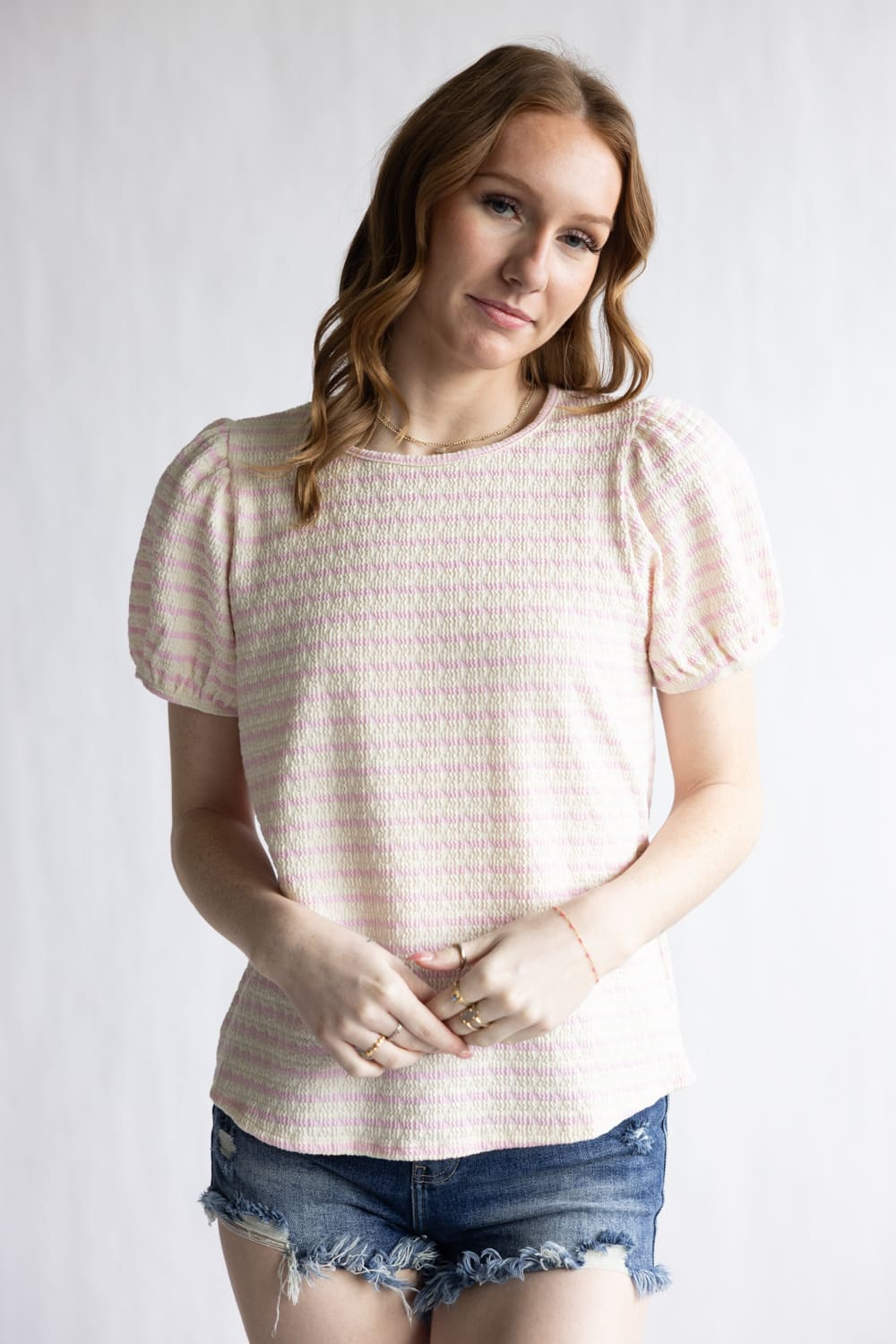 Textured Stripe Puff Sleeve Top for Women in Pink/Cream 