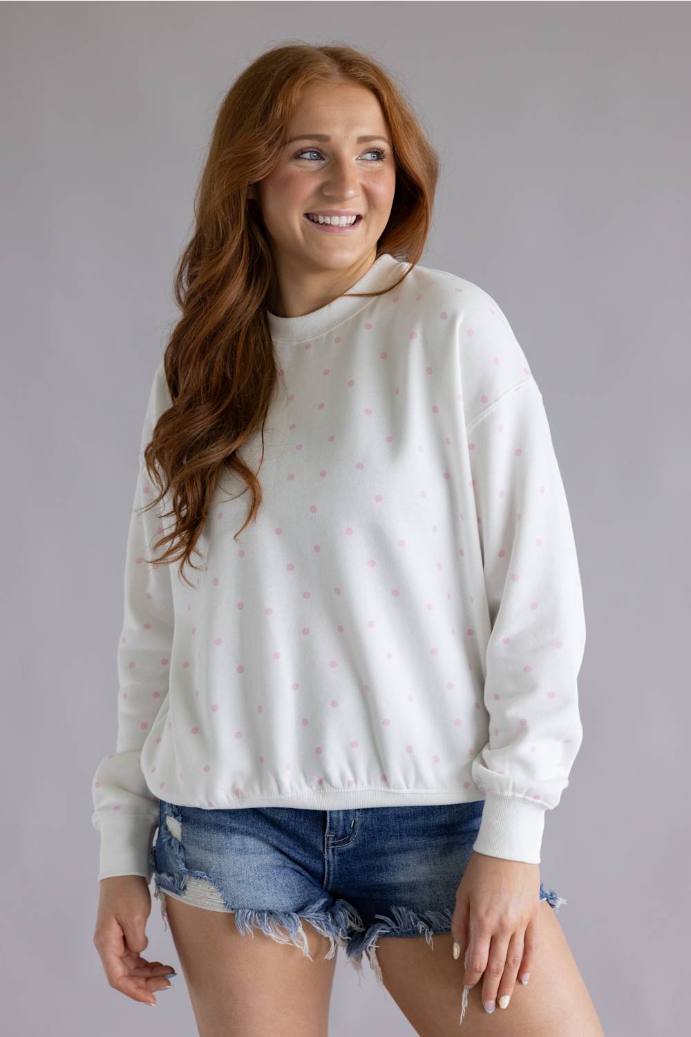 Polka Dot Fleece Crewneck for Women in White/Pink