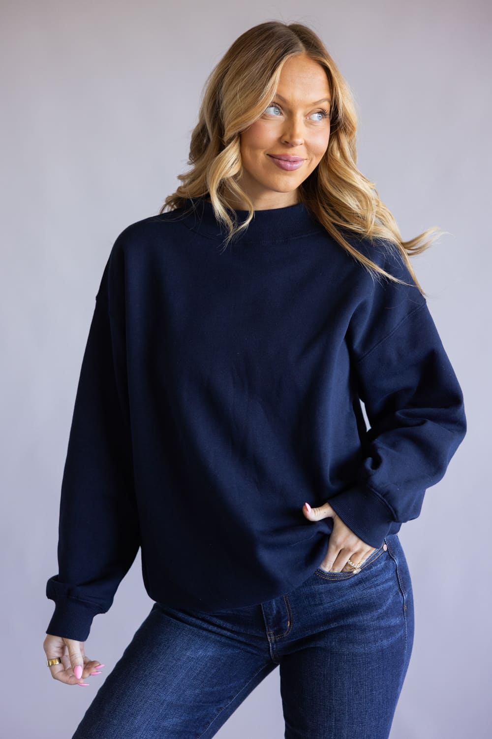 Mock Neck Oversized Fleece Pullover for Women in Navy