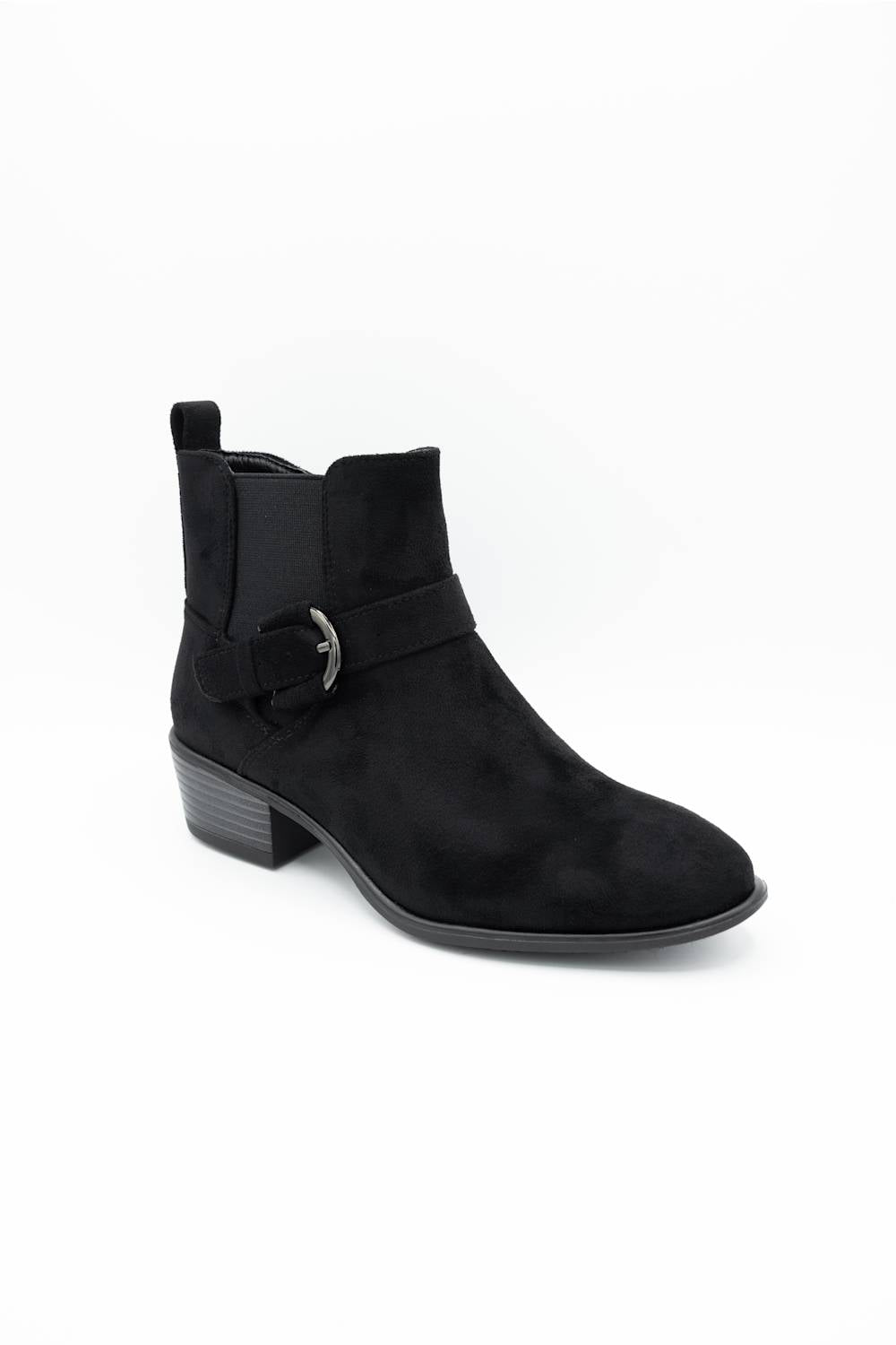 A single black suede ankle boot with a side buckle strap, shown from a three-quarters angle on a white background.