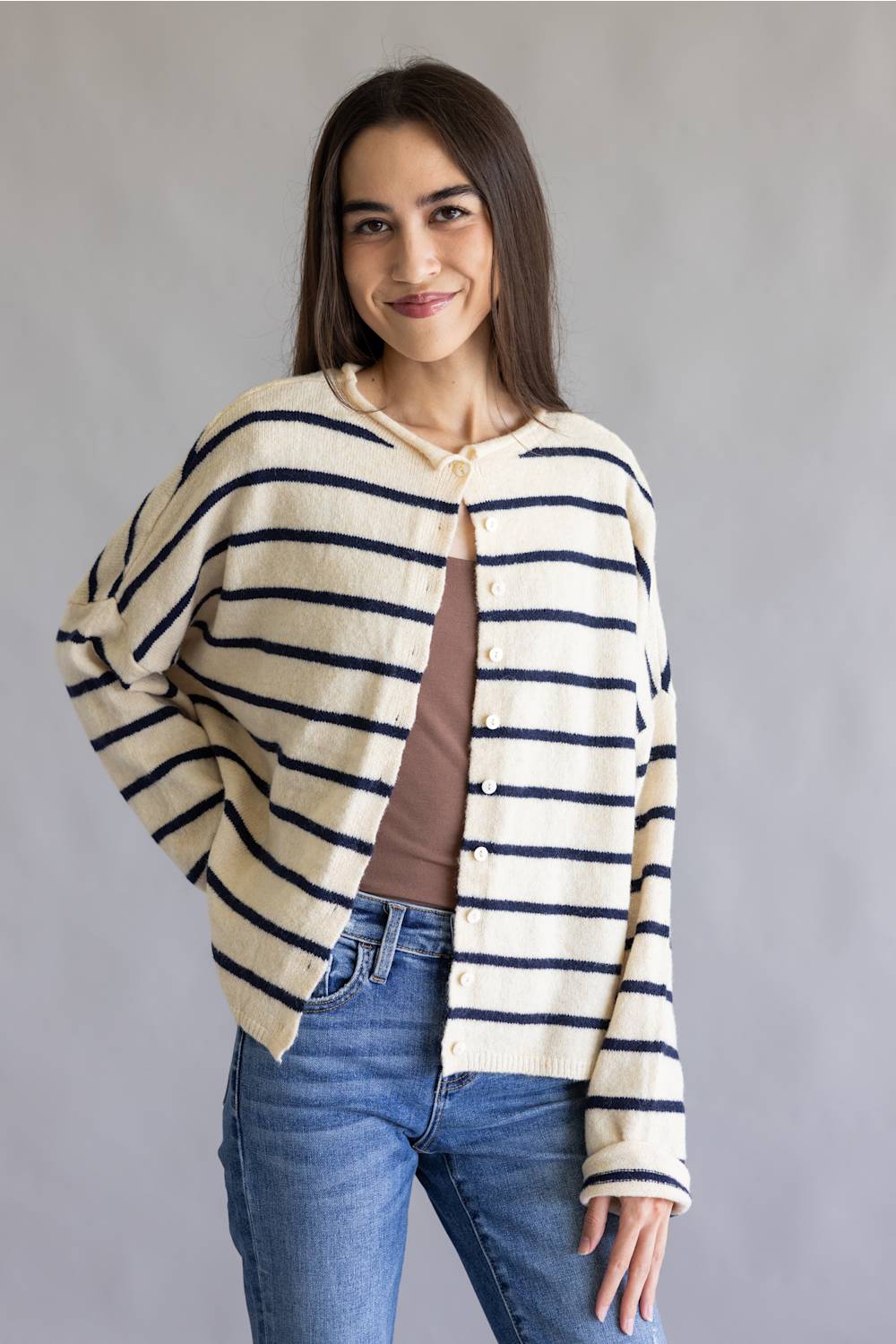 Things Between Wide Striped Piper Cardigan for Women in Natural/Navy