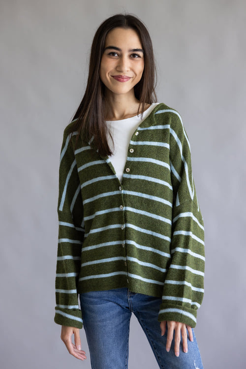 Things Between Wide Striped Piper Cardigan for Women in Olive/Blue | TBW14672-OLVBLU