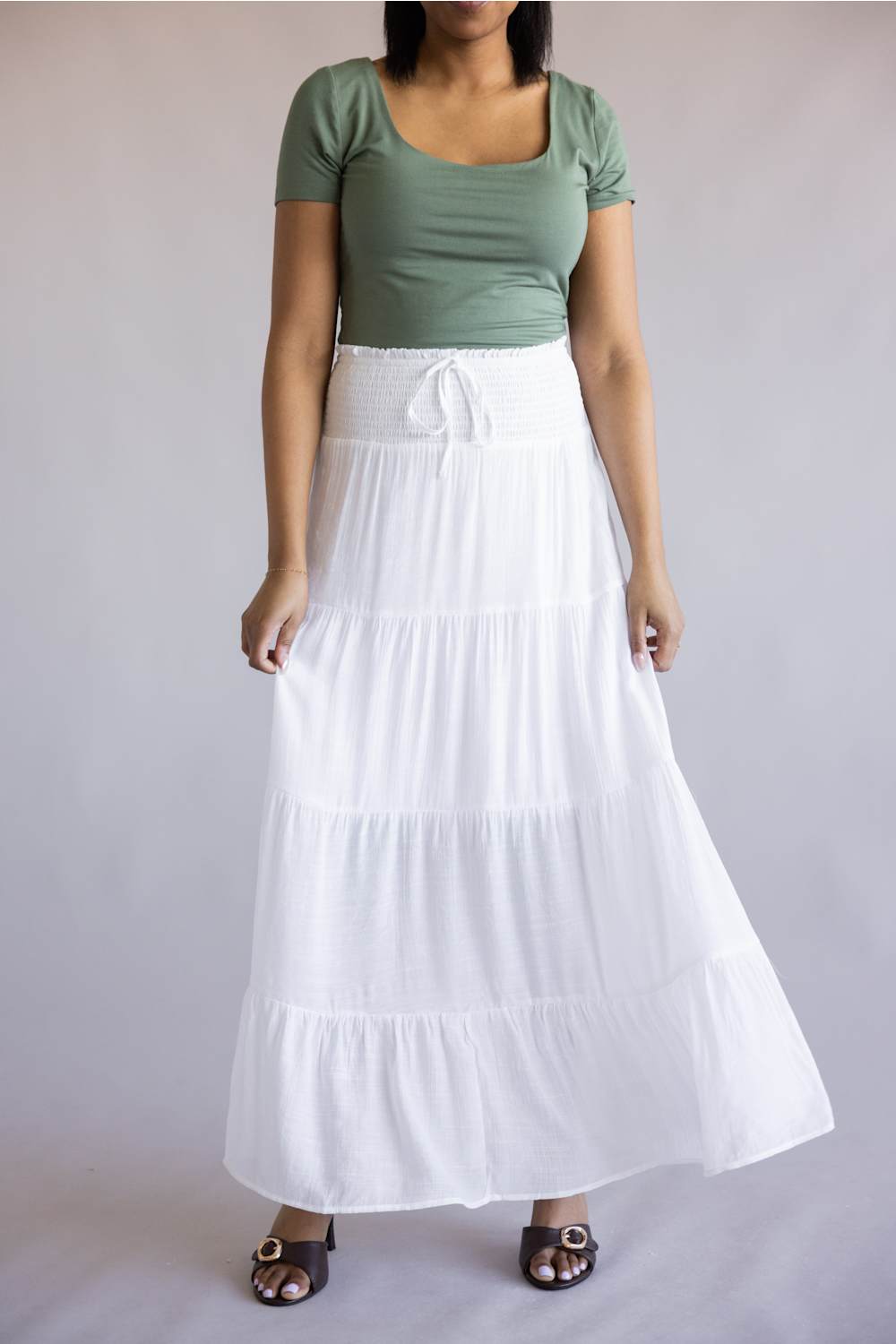 Love Tree Tie Waist Tiered Maxi Skirt for Women in White