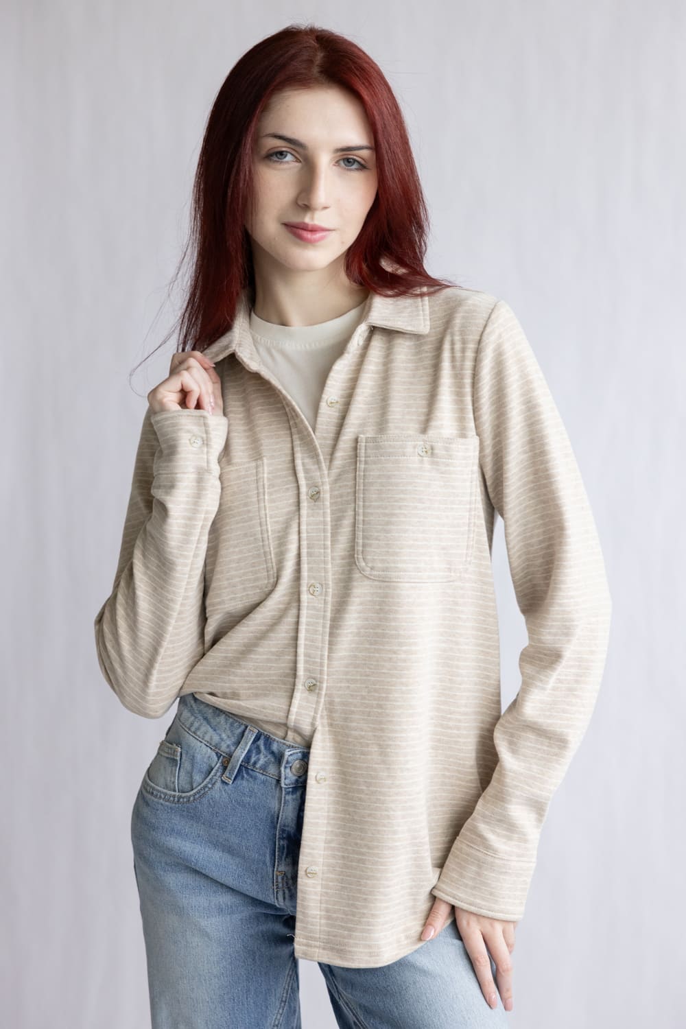 Thread & Supply Lewis Soft Luxe Button Up Shirt for Women in Tan White