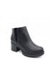 A single black leather ankle boot with a chunky block heel and a textured lug sole, shown from a three-quarters angle on a white background.