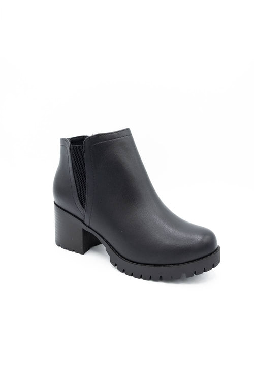 A single black leather ankle boot with a chunky block heel and a textured lug sole, shown from a three-quarters angle on a white background.