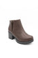 A single brown leather ankle boot with a chunky block heel and a black textured sole, shown from a side profile on a white background.