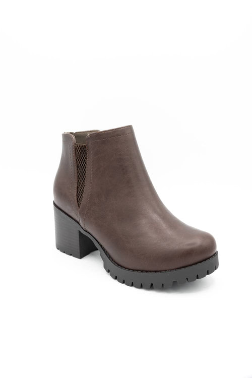 A single brown leather ankle boot with a chunky block heel and a black textured sole, shown from a side profile on a white background.