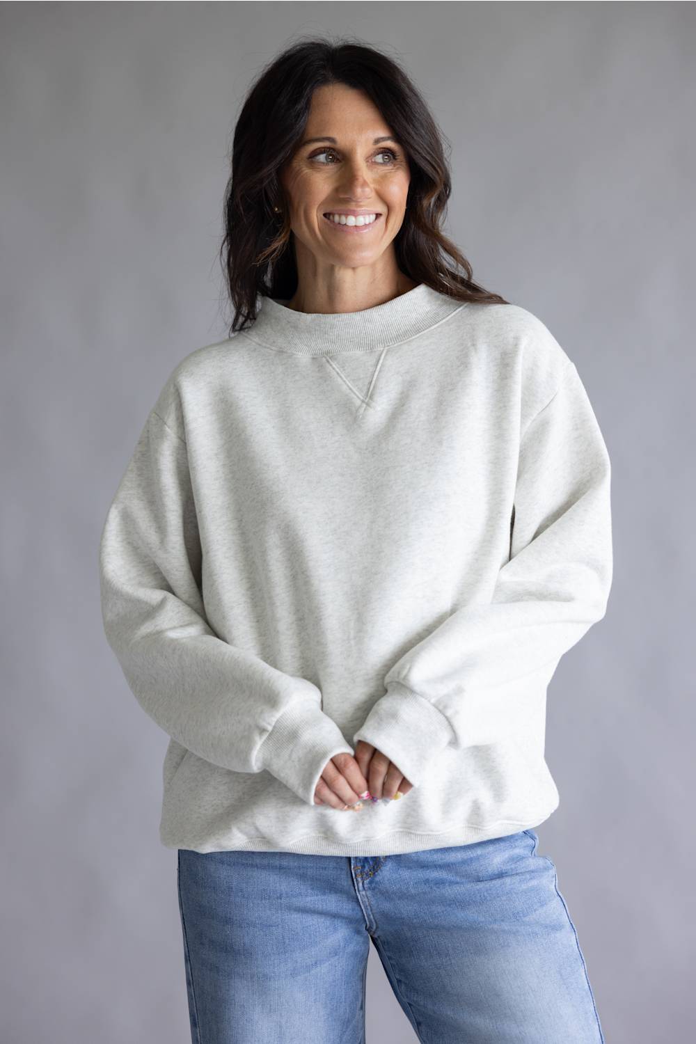 Things Between Mock Neck Fleece Pullover for Women in Heather White