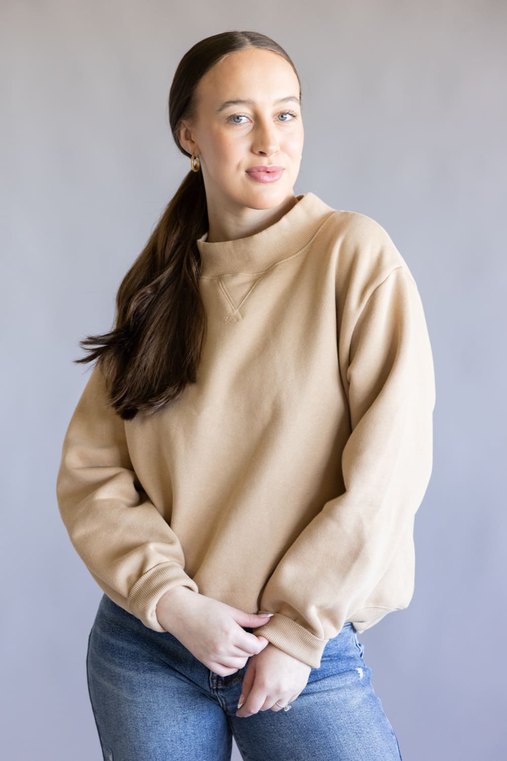 Things Between Mock Neck Fleece Pullover for Women in Tan