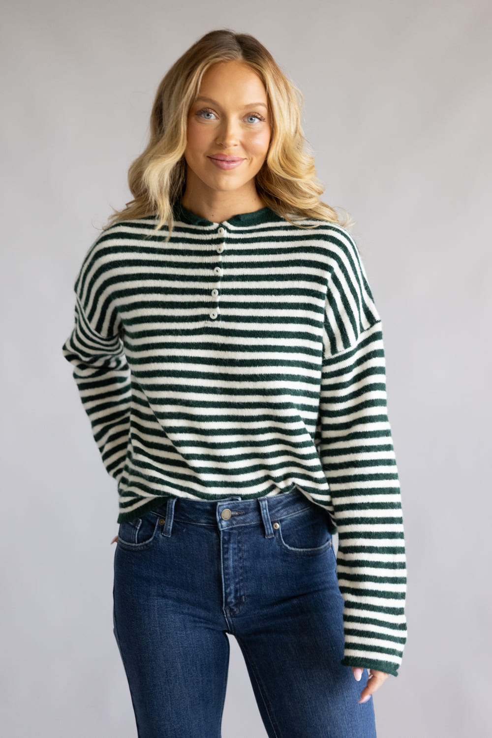 Things Between Piper Henley Shirt for Women in Forest Green Stripe