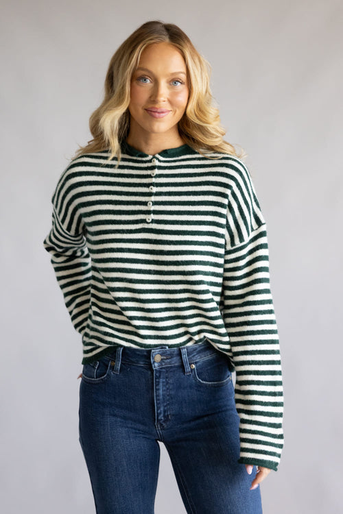 Things Between Piper Henley Shirt for Women in Forest Green Stripe