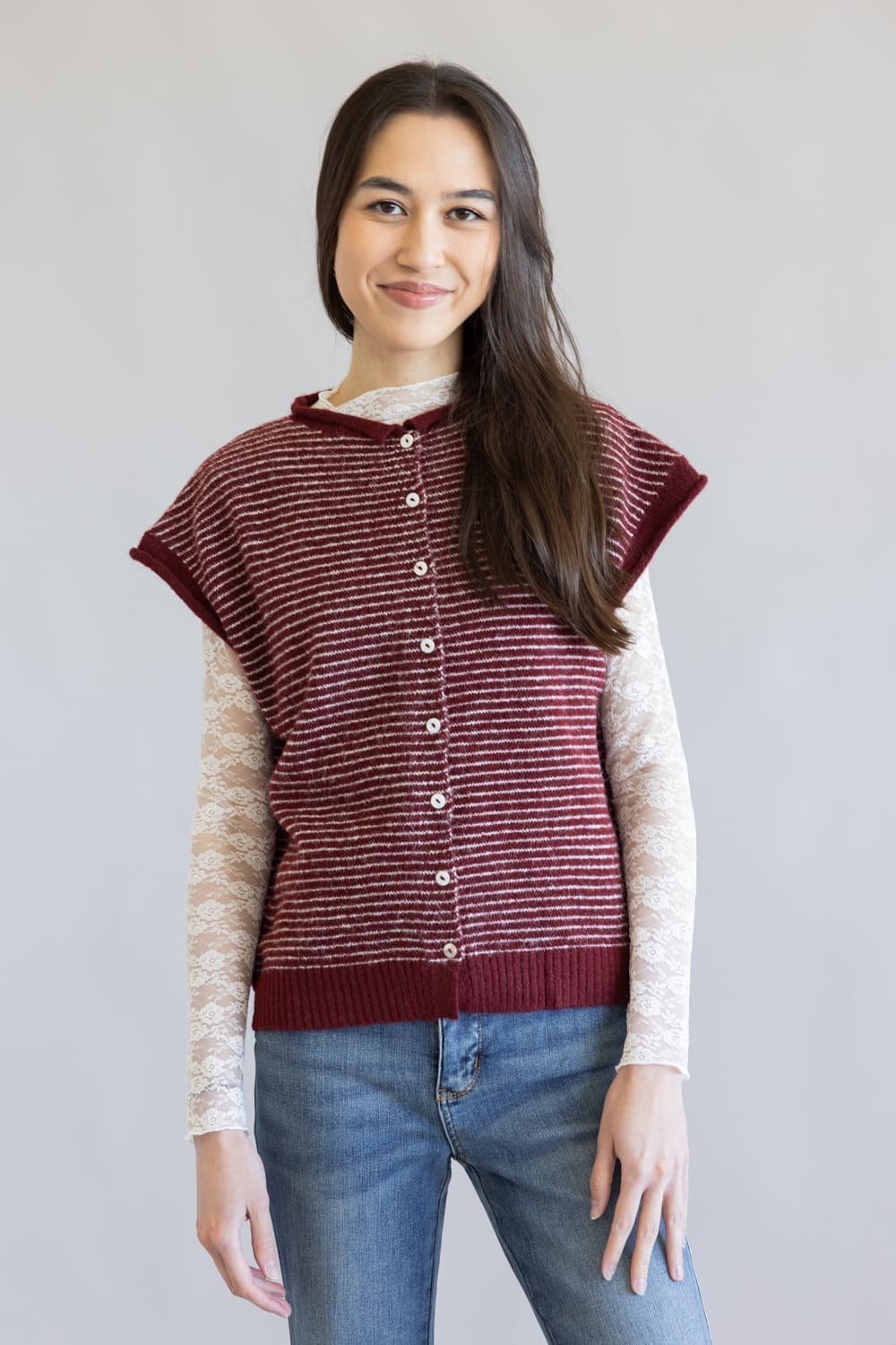 Things Between Stripe Cap Sleeve Piper Cardigan for Women in Wine