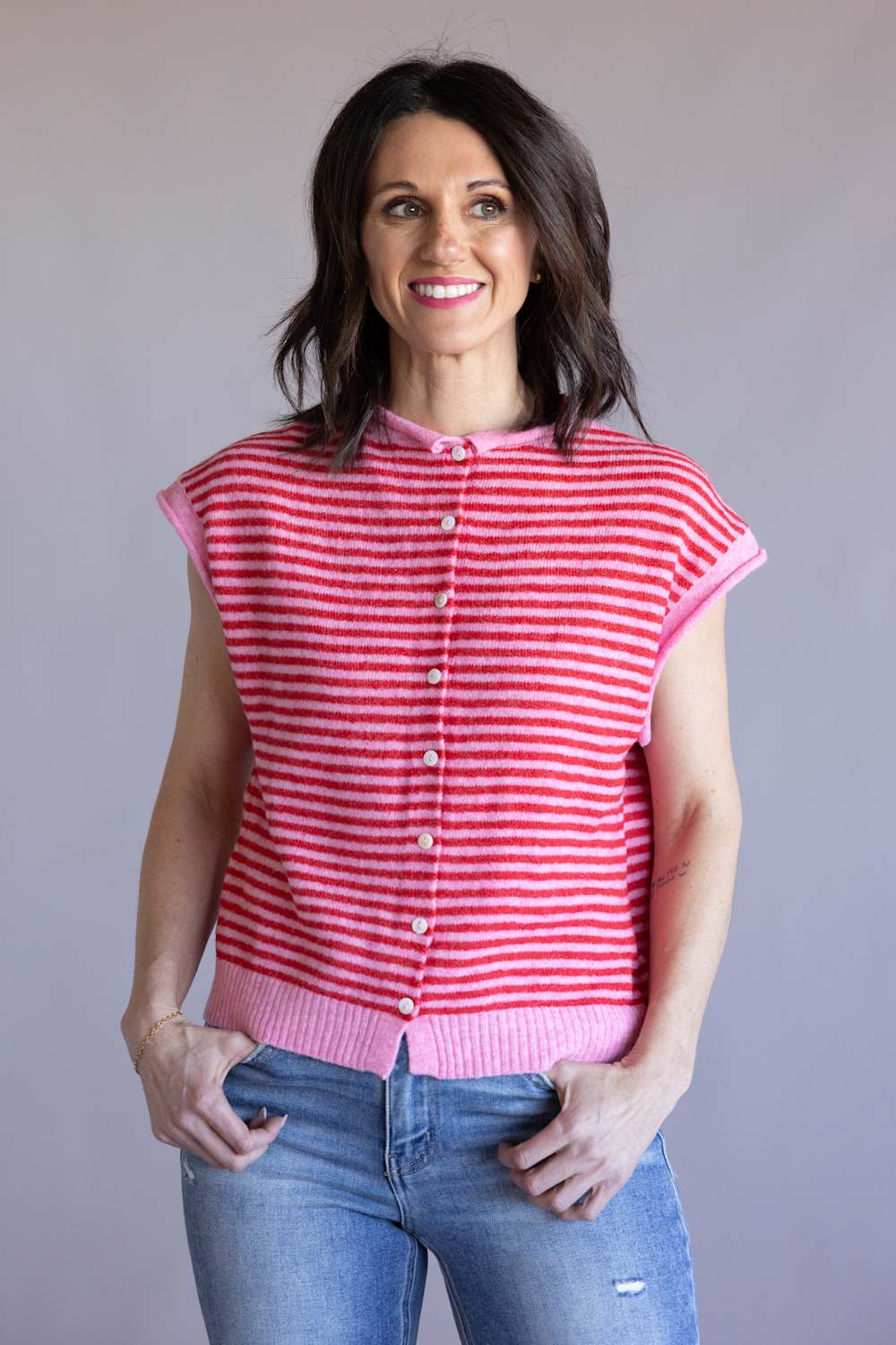 Things Between Striped Cap Sleeve Piper Cardigan for Women in Pink