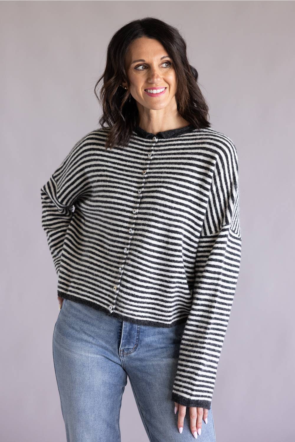 Things Between Striped Piper Cardigan for Women in Charcoal
