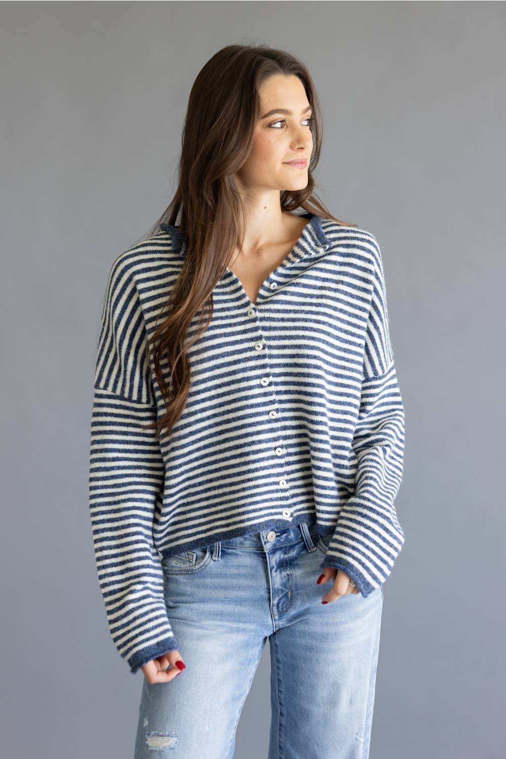 Things Between Striped Piper Cardigan for Women in Denim