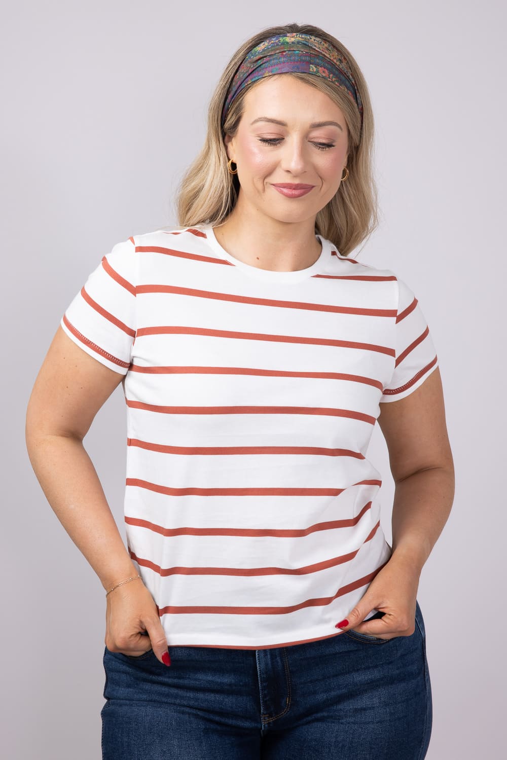 Thread & Supply Asher Striped T-Shirt for Women in White/Burnt Orange