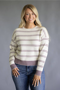 Thread & Supply Ely Knit Sweater for Women in Cream/Burgundy Stripe